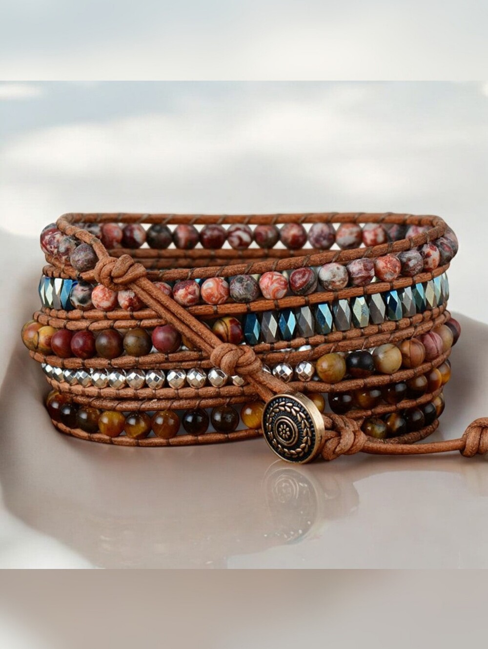 Tigers Eye & Leather Boho Wrap Bracelet - Picture 5 of 5